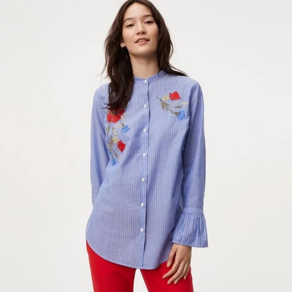 LOFT Floral Embroidered Button Down Shirt